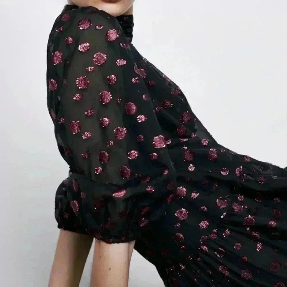 NWT ZARA Pink Polka Dot Voluminous Black Midi Dress Women’s M - Picture 5 of 13